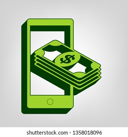 Payment, refill your mobile smart phone,. Vector. Yellow green solid icon with dark green external body at light colored background.