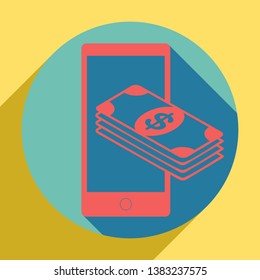 Payment, refill your mobile smart phone,. Sunset orange icon with llapis lazuli shadow inside medium aquamarine circle with different goldenrod shadow at royal yellow background.