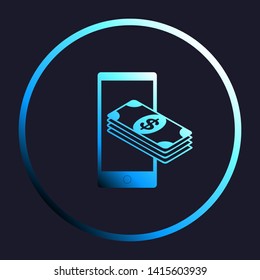Payment, refill your mobile smart phone,. White, cyan and blue gradient icon as round button in white shell at dark blue background. Illustration.