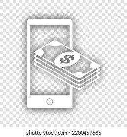 Payment, refill your mobile smart phone,. White Icon with dropped natural gray Shadow at transparent Background. Illustration.