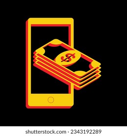 Payment, refill your mobile smart phone,. 3D Extruded Yellow Icon with Red Sides a Black background. Illustration.