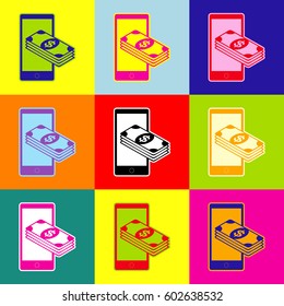 Payment, refill your mobile smart phone,. Vector. Pop-art style colorful icons set with 3 colors.