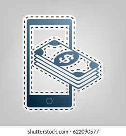 Payment, refill your mobile smart phone,. Vector. Blue icon with outline for cutting out at gray background.