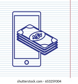 Payment, refill your mobile smart phone,. Vector. Navy line icon on notebook paper as background with red line for field.