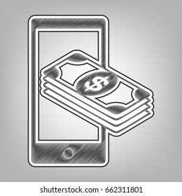 Payment, refill your mobile smart phone,. Vector. Pencil sketch imitation. Dark gray scribble icon with dark gray outer contour at gray background.