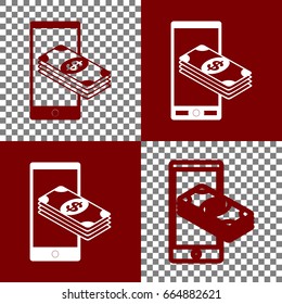 Payment, refill your mobile smart phone,. Vector. Bordo and white icons and line icons on chess board with transparent background.