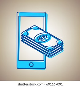 Payment, refill your mobile smart phone,. Vector. Sky blue icon with defected blue contour on beige background.