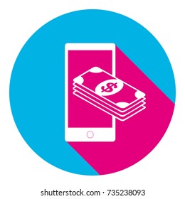 Payment, refill your mobile smart phone,. Vector. Flat white icon with mexican pink shadow inside sky blue(S and G) circle at white background. Isolated. Trend colors in 2017.
