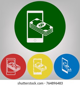 Payment, refill your mobile smart phone,. Vector. 4 white styles of icon at 4 colored circles on light gray background.