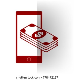 Payment, refill your mobile smart phone,. Vector. Bordo icon on white bending paper background.