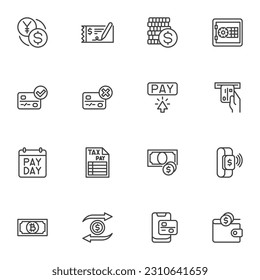 Payment related line icons set, outline vector symbol collection, linear style pictogram pack. Signs, logo illustration. Set includes icons as currency exchange, cash money, credit card, bank safe