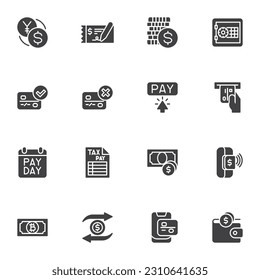 Payment related vector icons set, modern solid symbol collection, filled style pictogram pack. Signs, logo illustration. Set includes icons as currency exchange, cash money, credit card, bank safe
