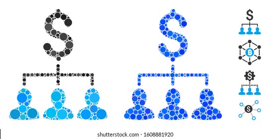 Payment relations mosaic of small circles in different sizes and color hues, based on payment relations icon. Vector random circles are organized into blue mosaic.