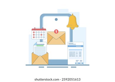 Payment reminder message notification concept. Payment reminder alarm message notification on smartphone screen with invoice email letter. Flat vector illustration on background.