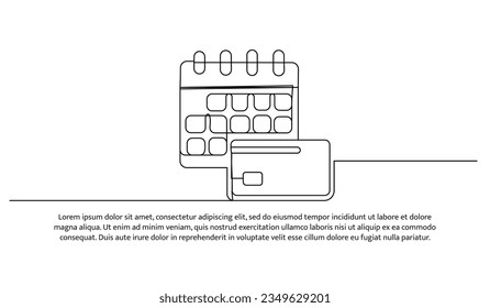 Payment reminder one continuous line design. Illustration of debit card symbol with calendar. Decorative elements drawn on a white background.