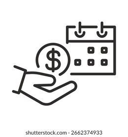 Pagamento ou reembolso da dívida. Ilustração de vetor linear de calendário. Prazo do empréstimo. Dinheiro em mãos. Símbolos simples. Ícone Obter um empréstimo. Tempo é dinheiro.