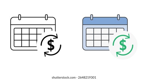 Payment rescheduling icon with calendar, money symbol, and refresh arrows, perfect for BNPL, finance management, and flexible payment illustrations.