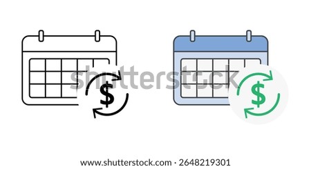 Payment rescheduling icon with calendar, money symbol, and refresh arrows, perfect for BNPL, finance management, and flexible payment illustrations.