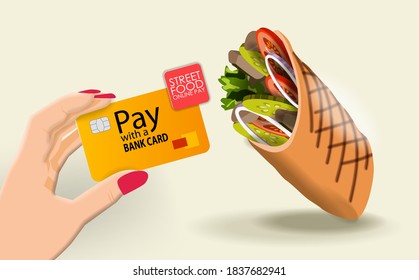 Payment for a roll with chicken and vegetables by Bank card. Vector banner