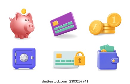 Zahlung. Sparen Sie Geld-Symbol-Set. Kreditkarte, Sparschwein, Geldbeutel, Münzen, Safe. 3D-Vektorgrafik