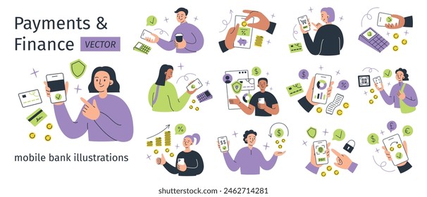 Payment scenes set, online bank account compositions, collection of people using mobile banking, finance vector illustrations, cashback service, cashless payment, smartphone app with money