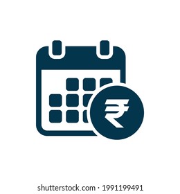 Payment schedule icon flat style. Rupee sign with calendar isolated on white background. Vector illustration