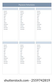 Payment schedule template with a clean, basic, simple and professionally organized layout for tracking monthly payments over a year. For personal or business budgeting to track monthly expenses.