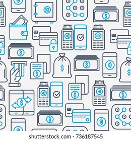 Payment seamless pattern with thin line icons related to credit card, money flow, saving, atm, mobile payment. Vector illustration of banner, web page, print media.
