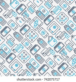 Payment seamless pattern with thin line icons related to credit card, money flow, saving, atm, mobile payment. Vector illustration of banner, web page, print media.