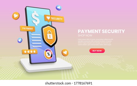 Concepto de seguridad de pago con protección telefónica y elemento colorido. Ilustración vectorial 3d,Imagen héroe para sitio web
