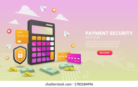 Concepto de seguridad de pagos con elementos financieros de protección y coloridos. Ilustración vectorial 3d,Imagen héroe para sitio web