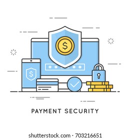 Payment security, data and transactions protection. Flat line art style concept. Vector banner, icon, illustration. Editable stroke.