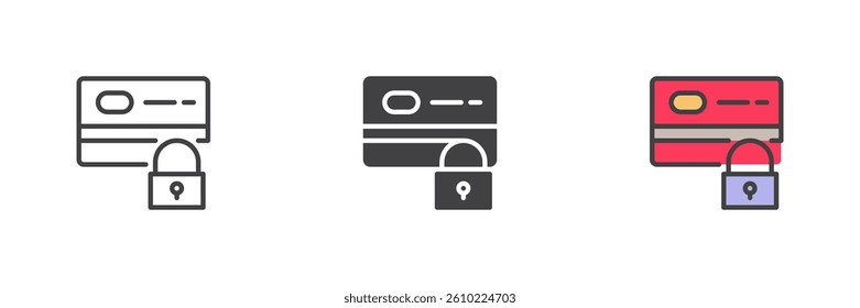 Payment Security different style icon set. Line, glyph and filled outline colorful version, outline and filled vector sign. Credit card with a padlock symbol, logo illustration. Vector graphics