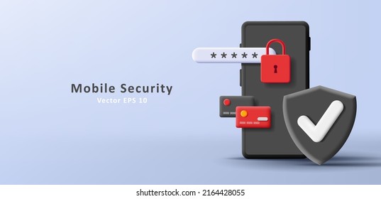 Ilustración digital de seguridad de pago con smartphone 3d negro y tarjetas de crédito con candado cifrado. Ilustración del vector