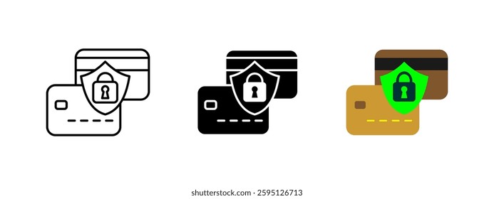 Payment security icon. Credit and debit cards with shield and lock symbol. Representation of fraud prevention, secure transactions and financial protection. Online banking and digital safety concept.