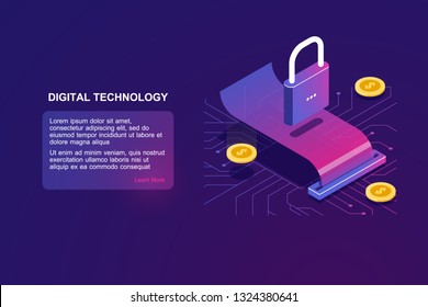 Payment security and money transaction, isometric icon of lock, digital banking, online bank operation, cryptocurrency and blockchain pay sistem, payrool receipt, coin on bill, vector ultraviolet