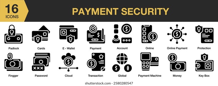 Payment Security solid icon set. Includes payment, technology, online, security, digital, and More. Solid icons vector collection.