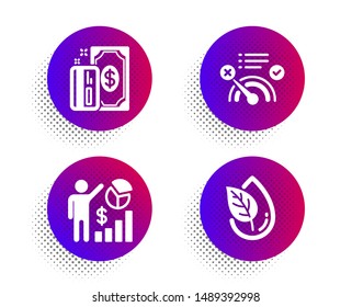 Payment, Seo statistics and No internet icons simple set. Halftone dots button. Organic product sign. Cash money, Analytics chart, Bandwidth meter. Leaf. Business set. Vector