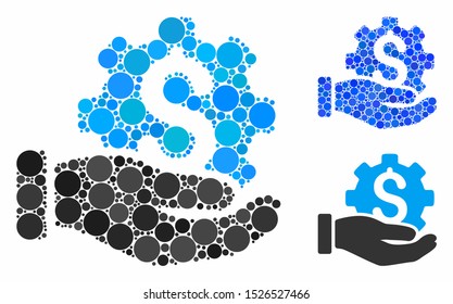 Payment service hand composition for payment service hand icon of small circles in variable sizes and shades. Vector filled circles are grouped into blue composition.