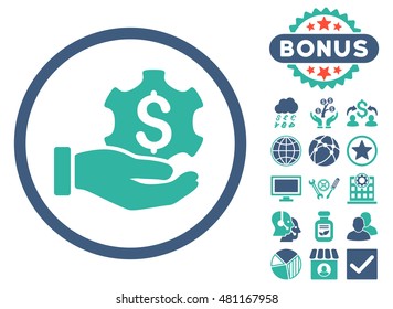 Payment Service Hand icon with bonus. Vector illustration style is flat iconic bicolor symbols, cobalt and cyan colors, white background.