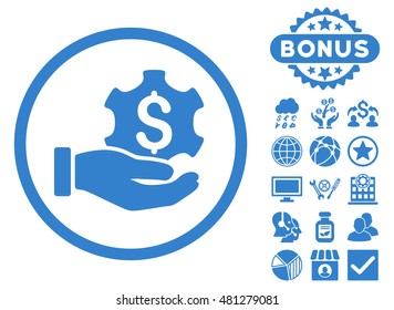 Payment Service Hand icon with bonus. Vector illustration style is flat iconic symbols, cobalt color, white background.
