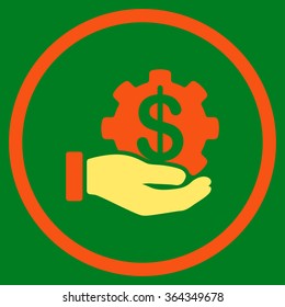 Payment Service vector icon. Style is bicolor flat circled symbol, orange and yellow colors, rounded angles, green background.