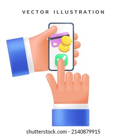 Payment for services, confirmation of the transfer of funds through the phone in the user's hand, 3d style for graphic design. Hand with phone in vector cartoon comic style.
