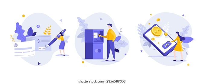 Payment services flat concept vector illustrations set. Banking technology for money transferring cartoon composition. Financial transactions definitions idea for website, mobile, presentation