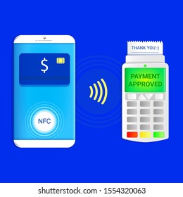 Payment for services from a mobile phone through the POS terminal, using the NSF. White phone and POS terminal, NSF icon, check with thanks.