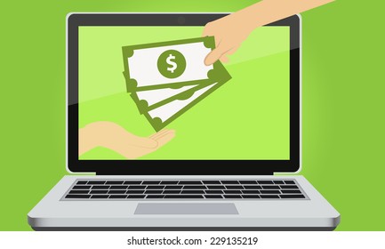 Payment for services on line. Man sends money. Vector illustration 