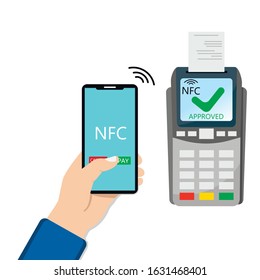 payment for services, purchases in the terminal by phone through the NFC function, the person holds the phone in his left hand. Vector EPS 10