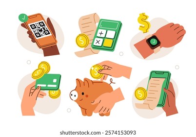 Payment set. Hands holding smartphone, credit card, bill and other financial elements. Wireless payment, cashback, money transfer, savings concept. Vector illustration.