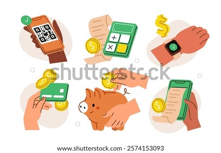 Payment set. Hands holding smartphone, credit card, bill and other financial elements. Wireless payment, cashback, money transfer, savings concept. Vector illustration.