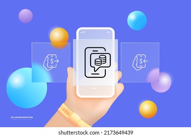 Payment set icon. Banking online, earn money, money bag, dollar sign, hands, tax, time, pay. Business concept. Glassmorphism. UI phone app screen with a hand. Vector line icon for Business